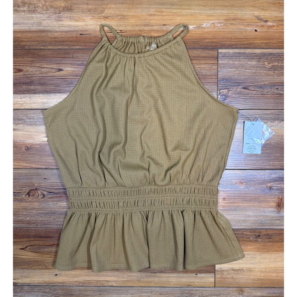 Nine West Alder Wood Brown Smocked Peplum Halter Top Blouse WW22K005RS